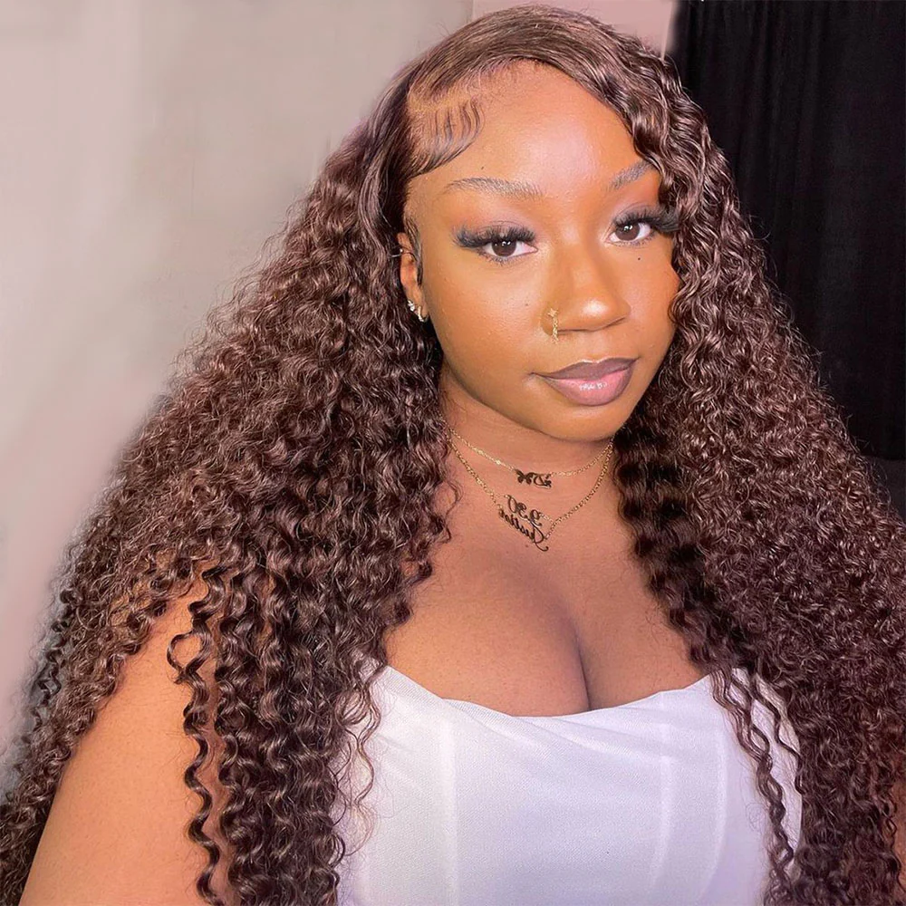 13x6 Chocolate Brown Glueless Wigs Water Wave Curly with Drawstring 100% Human Hair Wig - Image 7