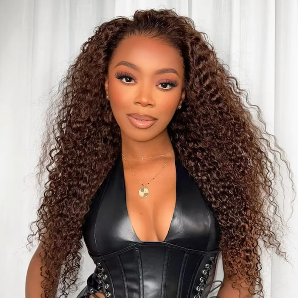 13x6 Chocolate Brown Glueless Wigs Water Wave Curly with Drawstring 100% Human Hair Wig - Image 6