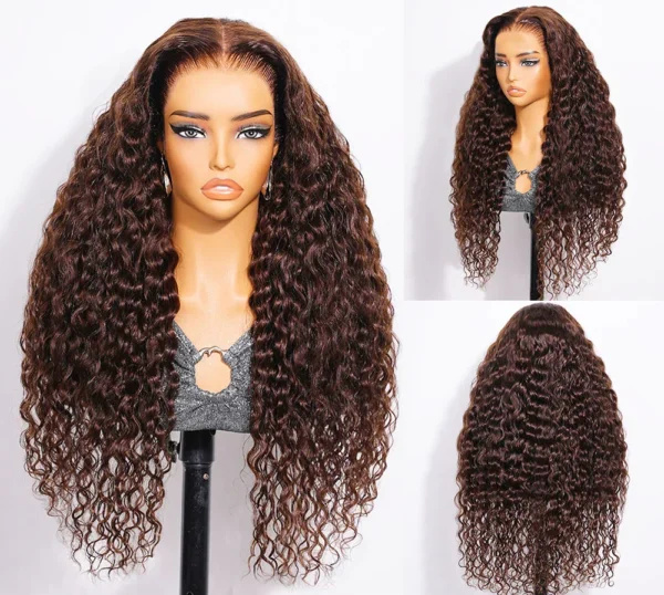 13x6 Chocolate Brown Glueless Wigs Water Wave Curly with Drawstring 100% Human Hair Wig