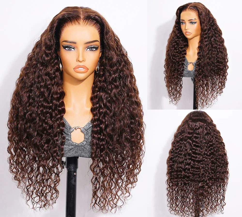 13x6 Chocolate Brown Glueless Wigs Water Wave Curly with Drawstring 100% Human Hair Wig