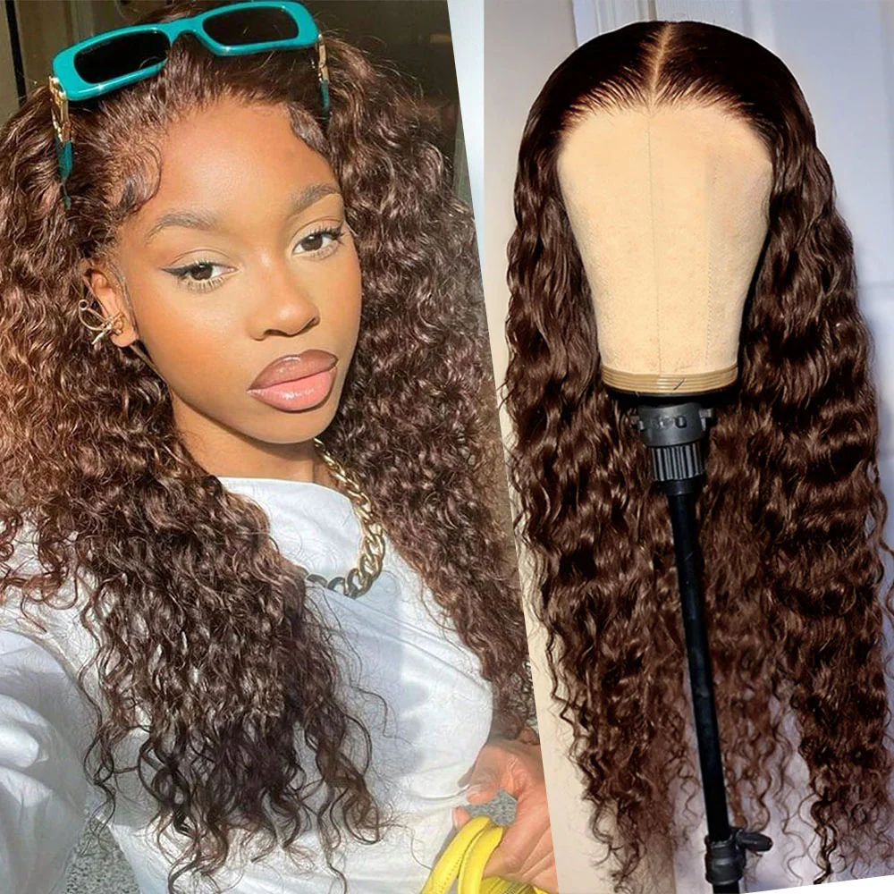 13x6 Chocolate Brown Glueless Wigs Water Wave Curly with Drawstring 100% Human Hair Wig - Image 2