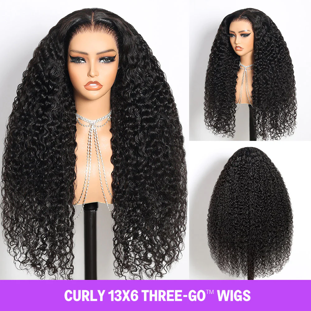 13x6 TRILL Glueless Wig Jerry Curly With Finger Coil Ends Natural Black Hair With Drawstring - Image 3