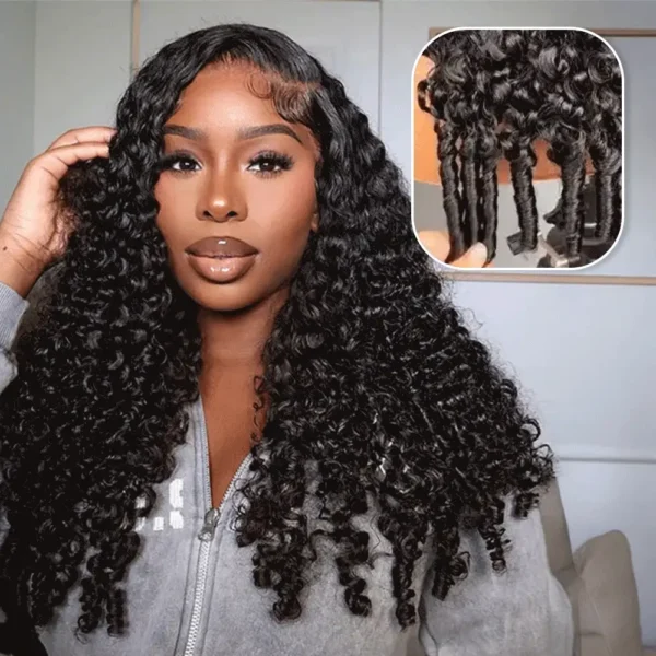 13x6 TRILL Glueless Wig Jerry Curly With Finger Coil Ends Natural Black Hair With Drawstring