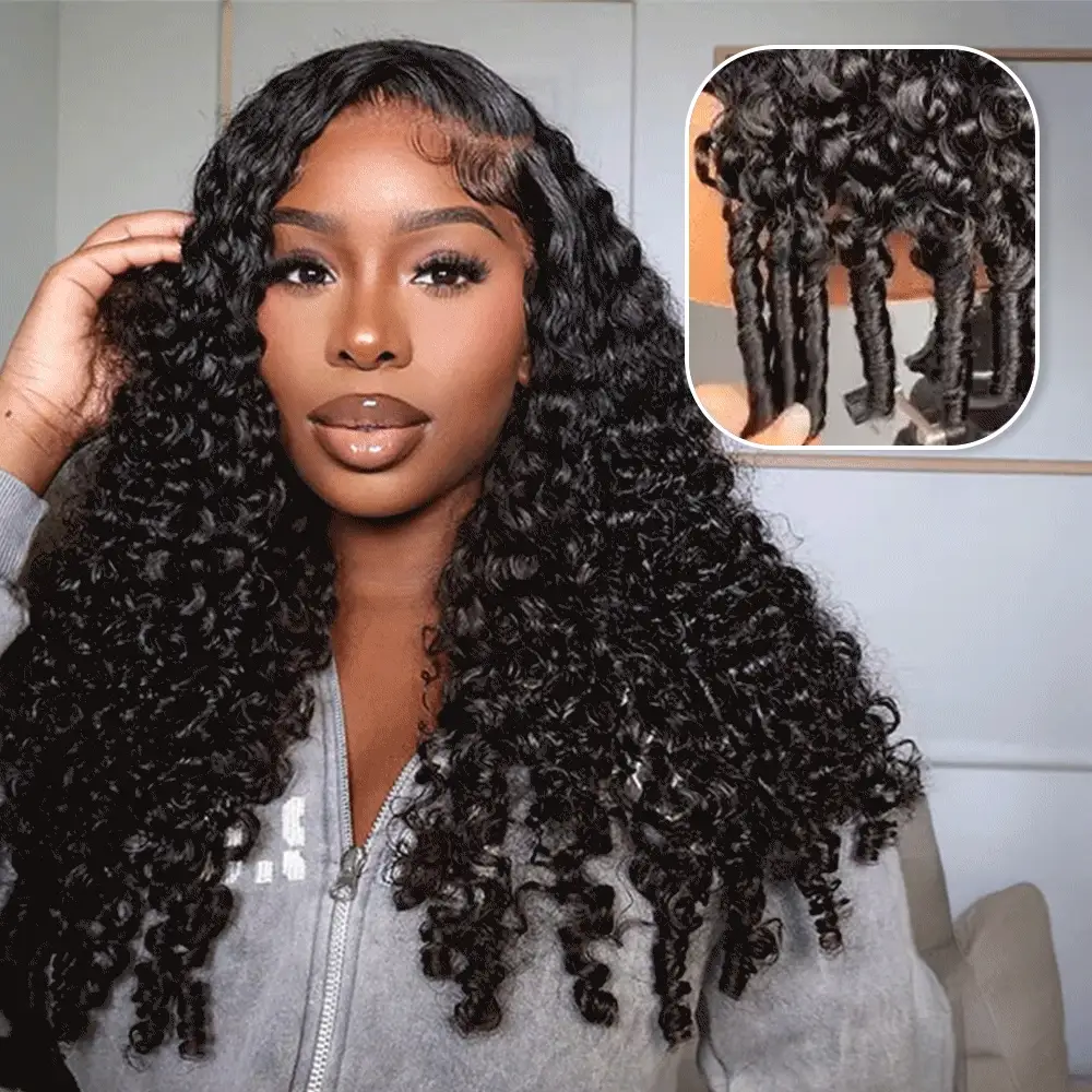 13x6 TRILL Glueless Wig Jerry Curly With Finger Coil Ends Natural Black Hair With Drawstring - Image 4