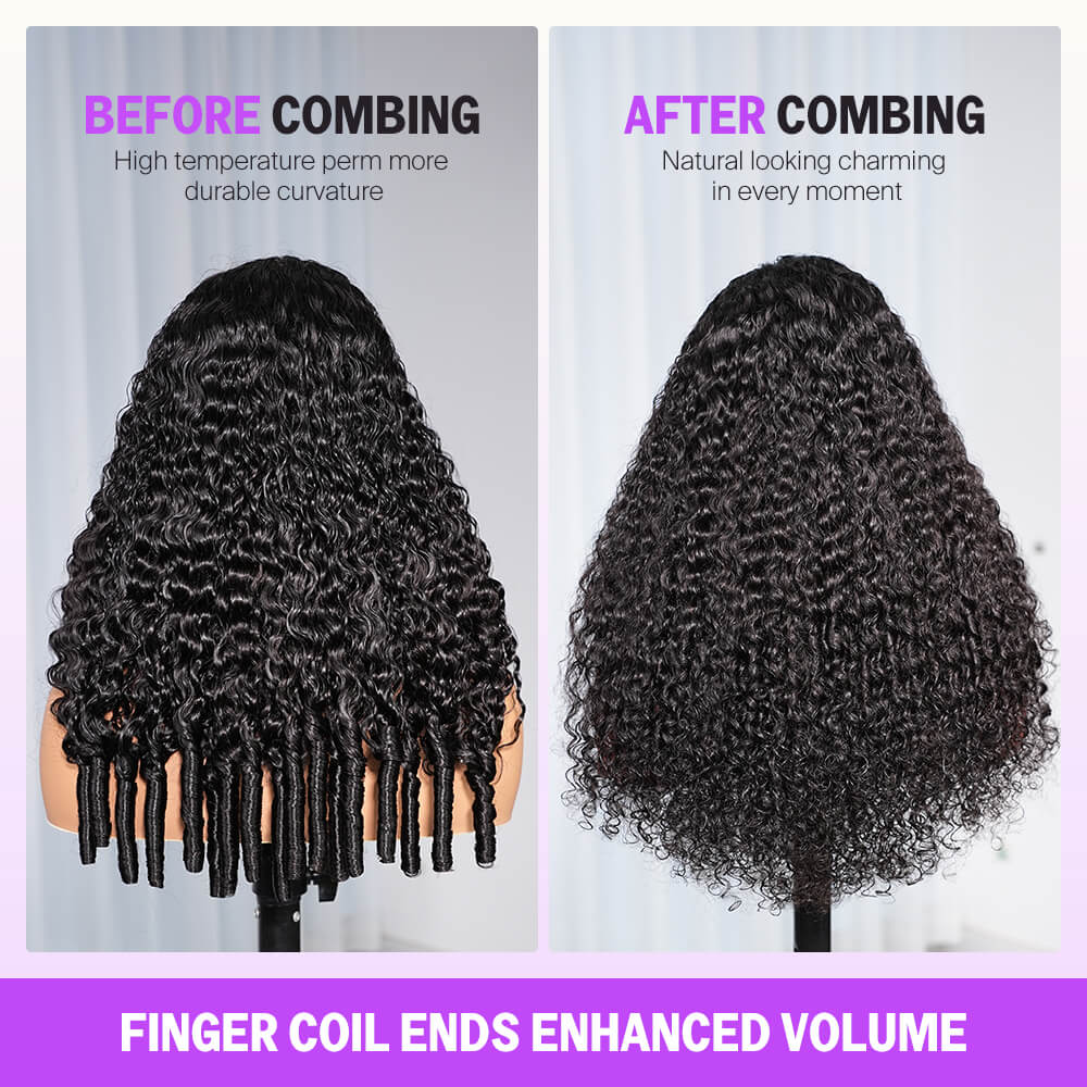 13x6 TRILL Glueless Wig Jerry Curly With Finger Coil Ends Natural Black Hair With Drawstring - Image 5