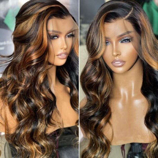 13x4 Lace Frontal TRILL Auburn Highlights On Black Body Wave invisible knots Natural Edges