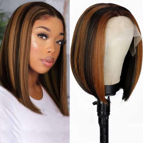 6x5 Invisible Knots & 13x4 Pre-All Glueless Auburn Highlights On Black Straight Bob Wigs Beginner Friendly