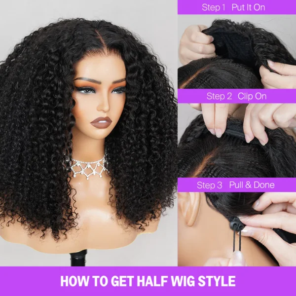 3 in 1 Half Wig Glueless Jerry Curly Wigs With Drawstring Natural Black Beginner Friendly
