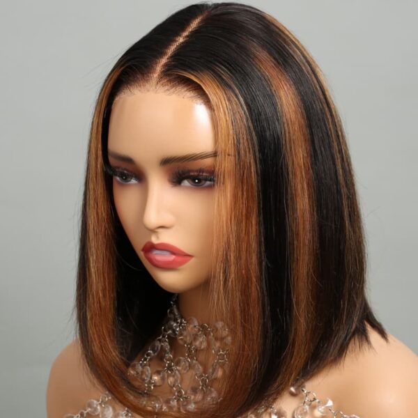 6 Inches Deep Part Wigs Blonde Highlight Straight Bob Natural Black 100% Human Hair Wig