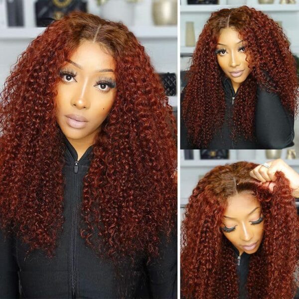 6x5 Invisible Knots Glueless Reddish Brown Ombre Kinky Curly Realistic Hairline Beginner Friendly