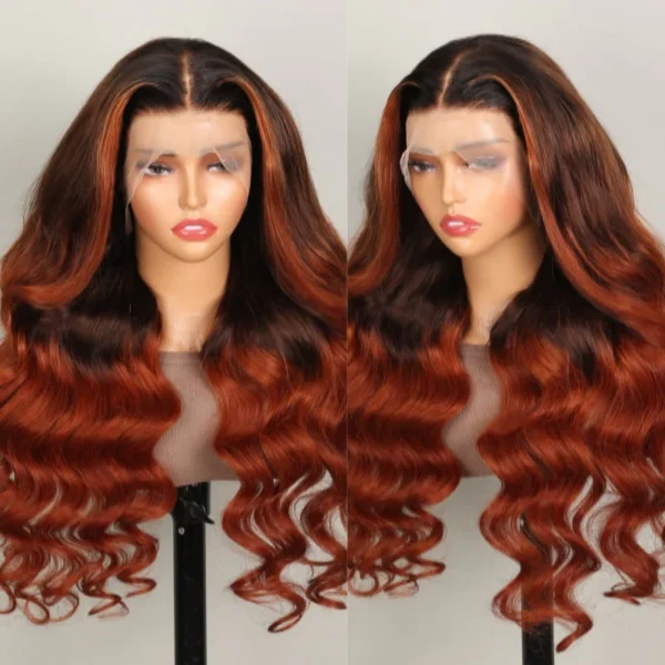 13x4 Lace Frontal Black to Ginger Ombre Body Wave Invisible Knots Natural Edges
