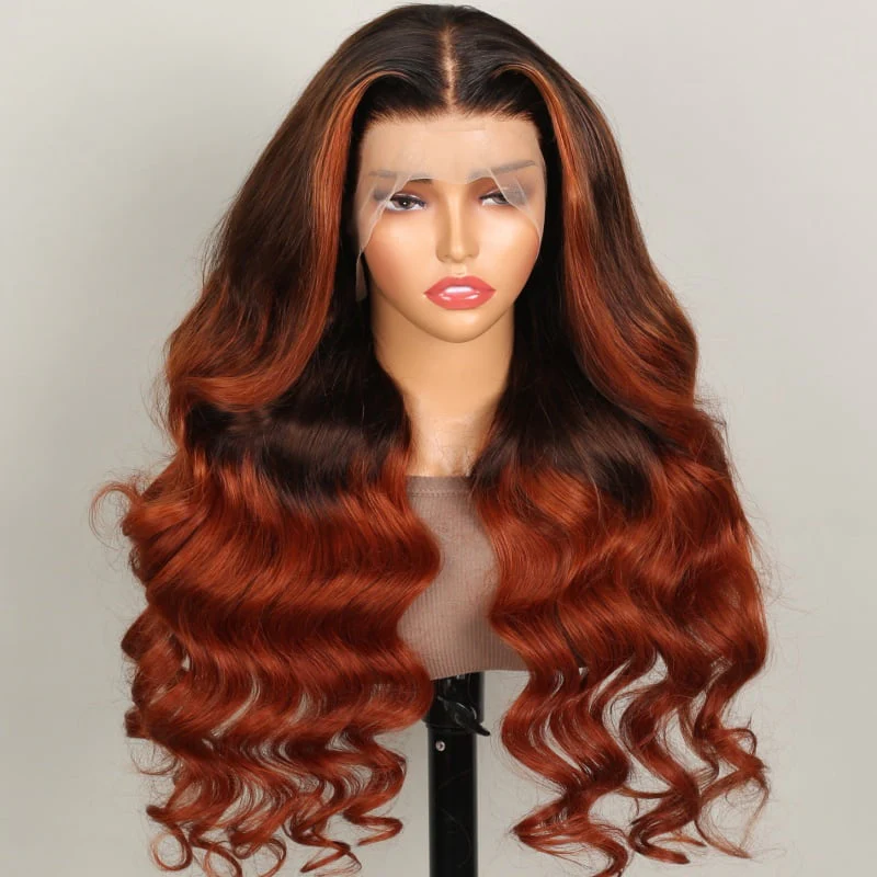 13x4 Lace Frontal Black to Ginger Ombre Body Wave Invisible Knots Natural Edges