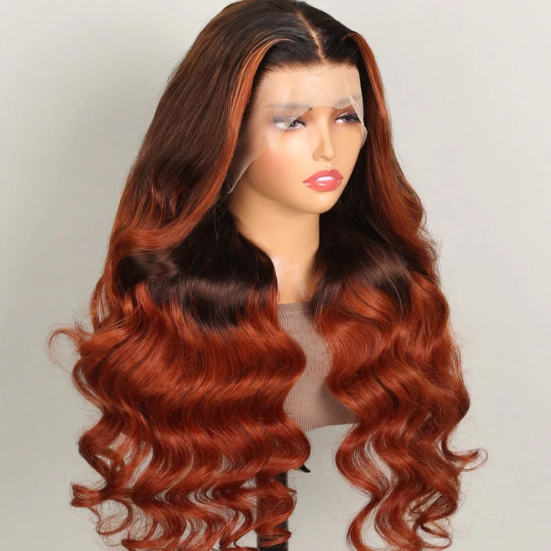 13x4 Lace Frontal Black to Ginger Ombre Body Wave Invisible Knots Natural Edges - Image 2