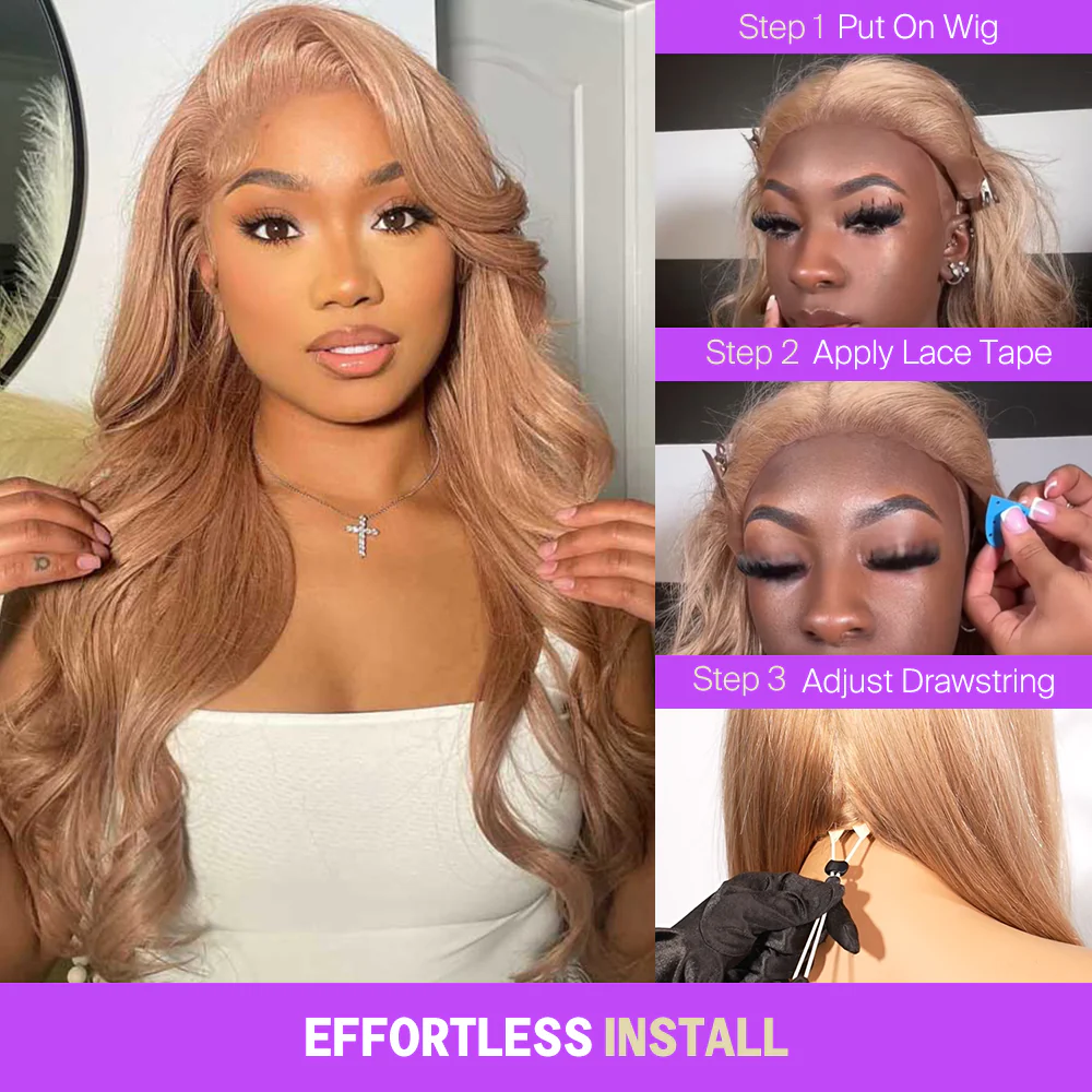 Milk Tea Brown With TRILL Highlight Glueless Body Wave With Drawstring 100% Human Hair Wig - Image 6