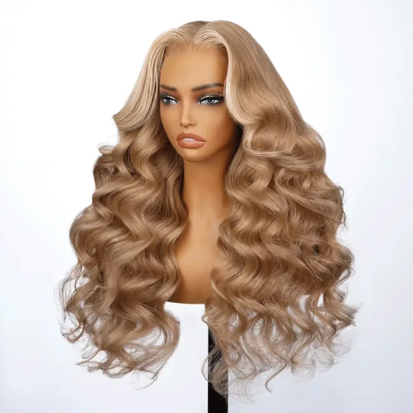Milk Tea Brown With TRILL Highlight Glueless Body Wave With Drawstring 100% Human Hair Wig