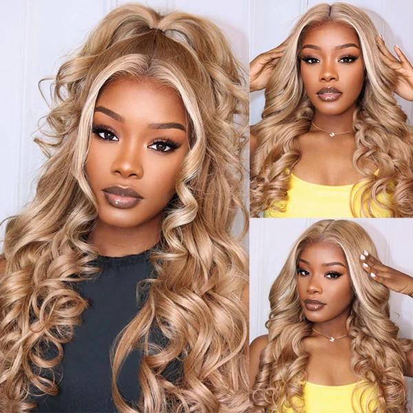 Milk Tea Brown With TRILL Highlight Glueless Body Wave With Drawstring 100% Human Hair Wig