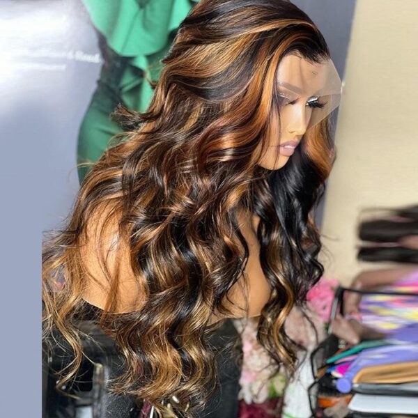 13x4 Lace Frontal TRILL Auburn Highlights On Black Body Wave invisible knots Natural Edges
