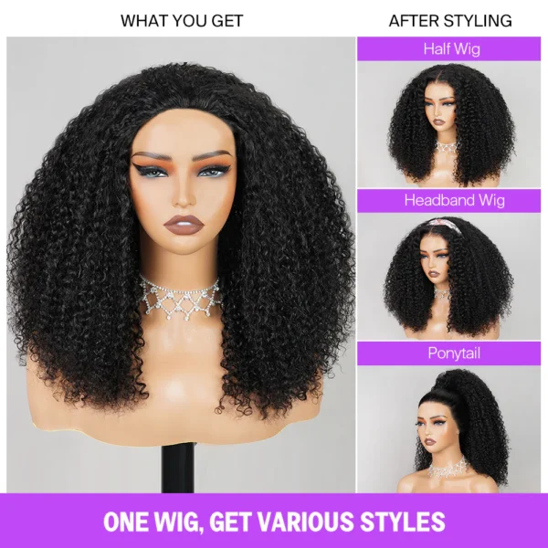 3 in 1 Half Wig Glueless Jerry Curly Wigs With Drawstring Natural Black Beginner Friendly
