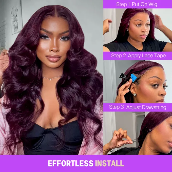 13x6 Dark Plum TRILL Glueless Wigs Body Wave With Drawstring 100% Human Hair Wig