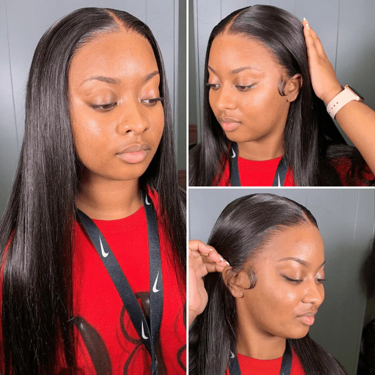 Super Natural Hairline Silky Straight Glueless 13x4 Frontal Lace Wig Human Hair Pre-Cut Lace - Image 3