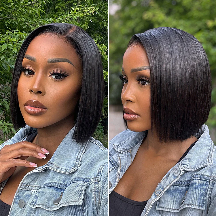 TRILL Wigs | Super Natural Hairline Silky Blunt Cut Bob Glueless 13x4 Frontal Lace Human Hair Short Wig Pre-Cut Lace