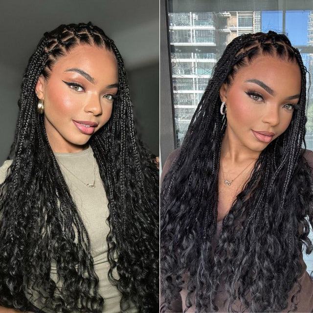 Light Weight Flexi-Fit Invisi Drawstring Cap Full Lace Knotless Boho Curls Braided Long Wig Super Natural Scalp