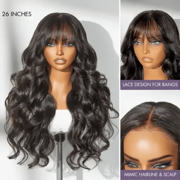 TRILL Wig 180% Density Loose Body Wave Glueless 7x6 Closure HD Lace Human Hair Wig with Bangs Pre-Cut Lace