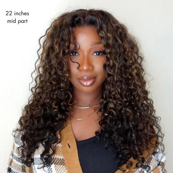 TRILL Wig PartingMax Brown Highlights Funmi Curly 7x6 Closure HD Lace Glueless Wig Pre Cut Lace