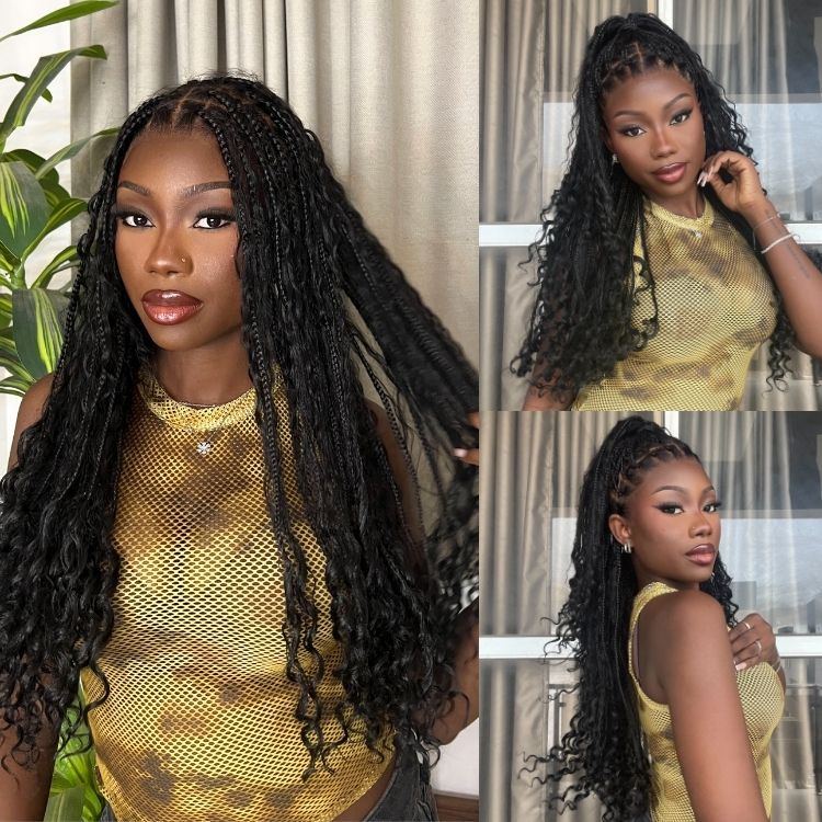 Light Weight Flexi-Fit Invisi Drawstring Cap Full Lace Knotless Boho Curls Braided Long Wig Super Natural Scalp - Image 3