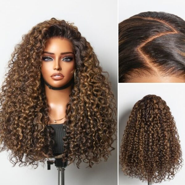 TRILL Wig PartingMax Brown Highlights Funmi Curly 7x6 Closure HD Lace Glueless Wig Pre Cut Lace