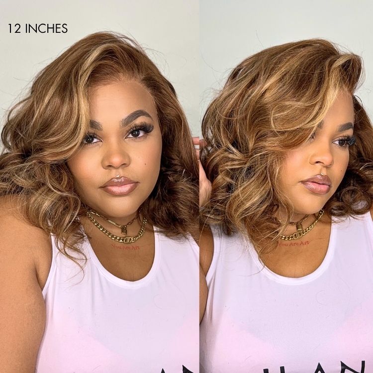 TRILL Wigs - Honey Brown with Blonde Highlights / Natural Black Bouncy Body Wave Glueless 13x4 Frontal Lace Human Hair Wig - Image 3