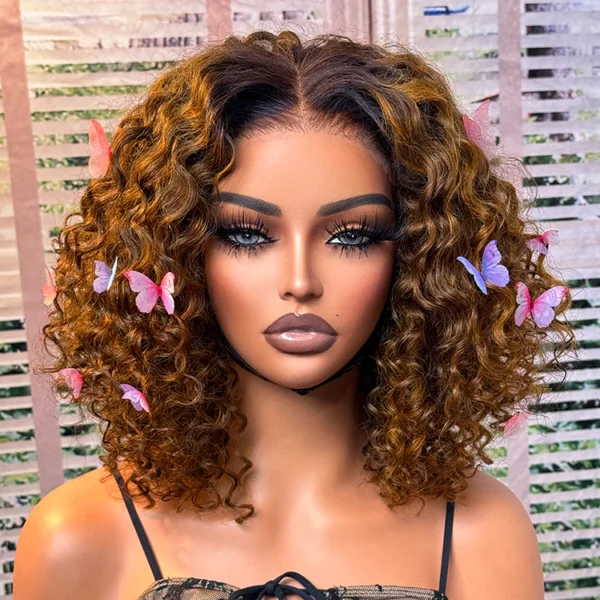 Brown Highlight / Natural Black / Blonde Highlight Deep Curly Glueless 5x5 Closure Pre-Cut Lace Wig