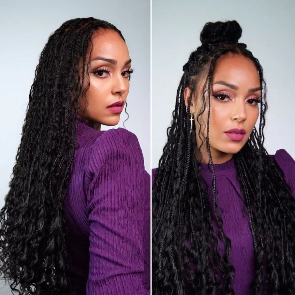 Light Weight Flexi-Fit Invisi Drawstring Cap Full Lace Knotless Boho Curls Braided Long Wig Super Natural Scalp