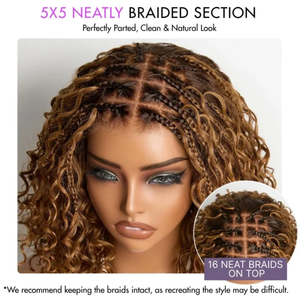 TRILL Ombre Brown Highlight Boho Braids Deep Curly Glueless 5x5 Closure Lace with Braided Top Human Hair Wig Pre-Cut Lace