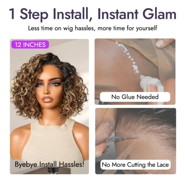 Ready to Go Blonde Highlight / Natural Black Water Wave Short Curly Bob Wig Glueless Minimalist HD Lace Wig Pre-Cut Lace