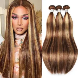 Highlight Honey Blonde Straight Hair Human Hair Weave 3/4 Bundles P4/27 Color