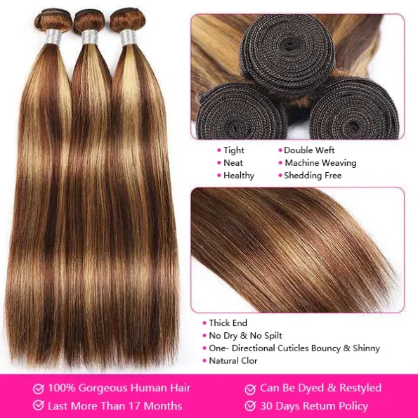 Highlight Honey Blonde Straight Hair Human Hair Weave 3/4 Bundles P4/27 Color - Image 7