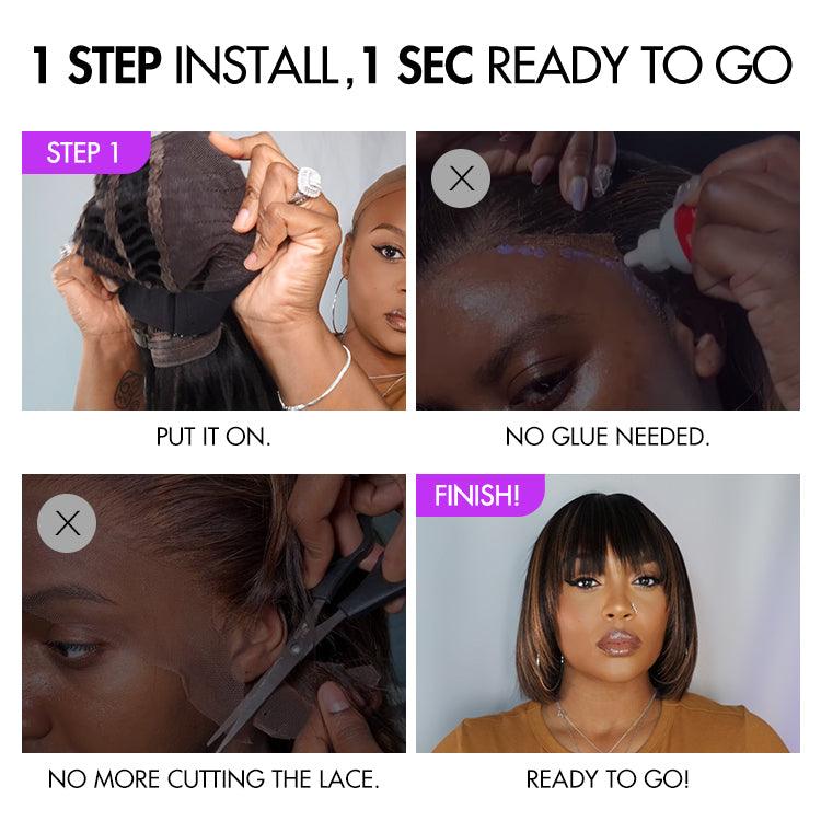 Put On and Go Ash Blonde Highlight / Brown Highlight / Natural Black Layered Cut Yaki Straight Minimalist Lace Bob Wig - Image 7