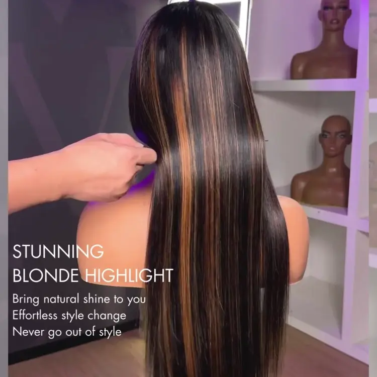 TRILL Wigs | Ultra Natural Hairline Brown Highlight Silky Straight Glueless 13x4 Frontal Lace Long Wig Pre-Cut Lace