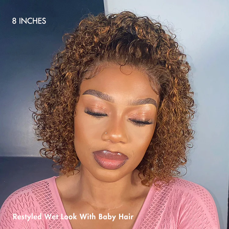 Brown Highlight / Jet Black Short Cut Slicked Back Curly Ear-to-ear Wide T Lace Wig - Image 3