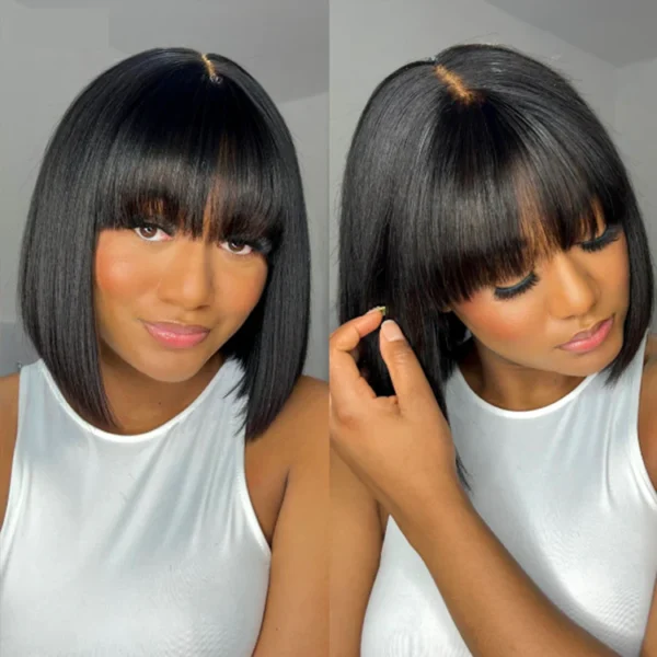 Put On and Go Realistic Glueless TRILL Bob with Bangs Minimalist Lace Wig 100% Human Hair