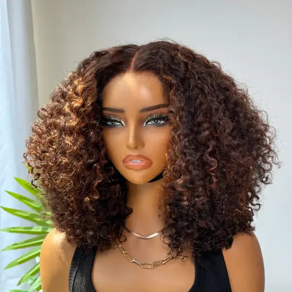 180% Density Copper Highlight Kinky Curly Glueless 5x5 Lace Closure Wig - Image 4