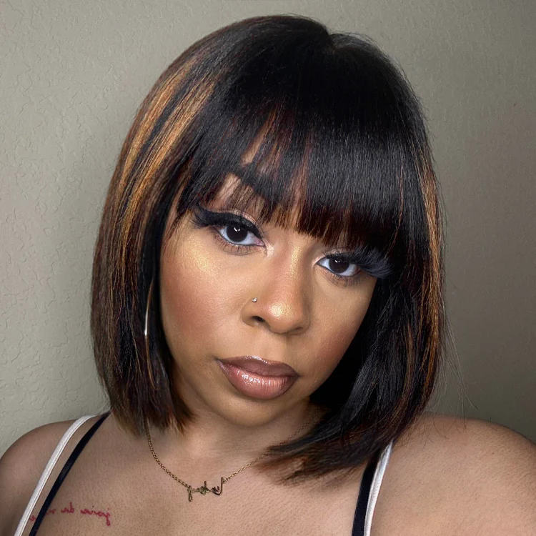 Put On and Go Ash Blonde Highlight / Brown Highlight / Natural Black Layered Cut Yaki Straight Minimalist Lace Bob Wig - Image 3
