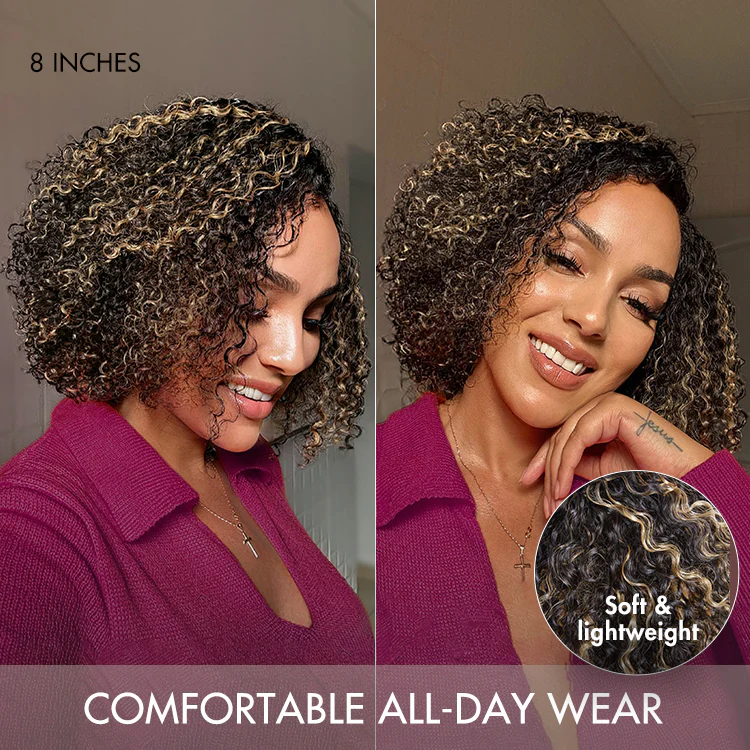 1 SEC INSTALL WIG | Honey Blonde Highlight / Natural Black Kinky Curly Glueless Minimalist HD Lace Classic Short Wig Pre-Cut Lace - Image 2