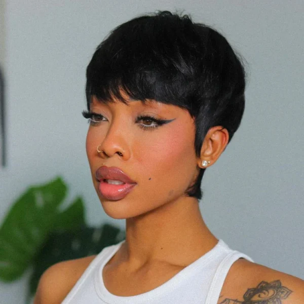 Throw On & Go Short Cut with Bangs Wig Ultra Comfort Skin-Like Soft Care Glueless Wig Hair Loss Friendly