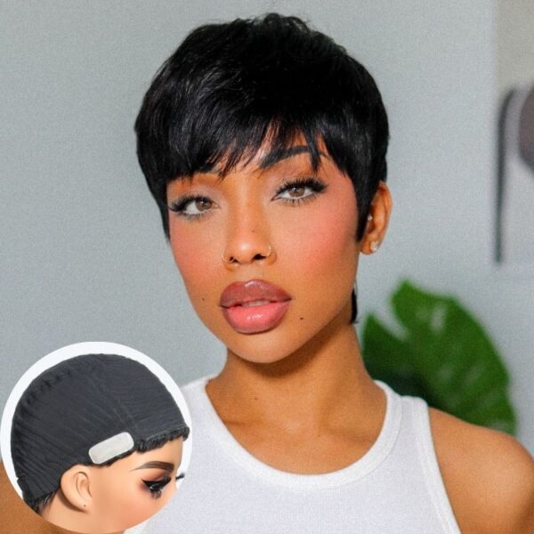 Throw On & Go Short Cut with Bangs Wig Ultra Comfort Skin-Like Soft Care Glueless Wig Hair Loss Friendly