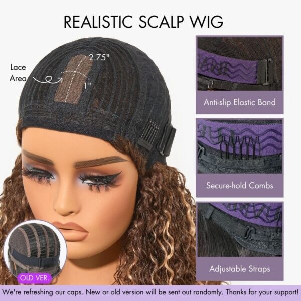 1 SEC INSTALL WIG | Brown Highlight Water Wave Natural Scalp Glueless Minimalist Lace Short Curly Wig with Bangs