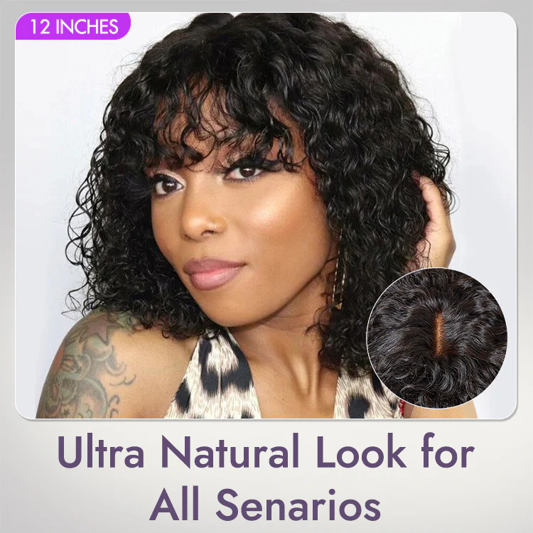 1 SEC INSTALL WIG | Brown Highlight Water Wave Natural Scalp Glueless Minimalist Lace Short Curly Wig with Bangs - Image 3