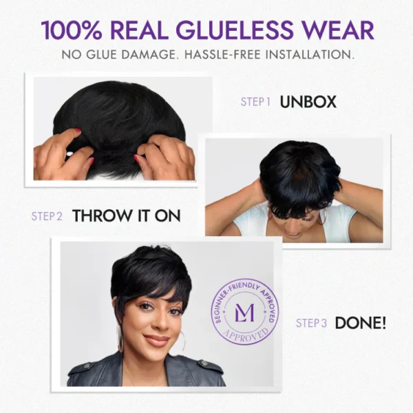 Throw On & Go Short Cut with Bangs Wig Ultra Comfort Skin-Like Soft Care Glueless Wig Hair Loss Friendly