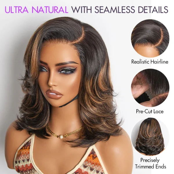 Brown Highlight Layered Wavy Butterfly Haircut Glueless Minimalist HD Lace Wig Pre-Cut Lace